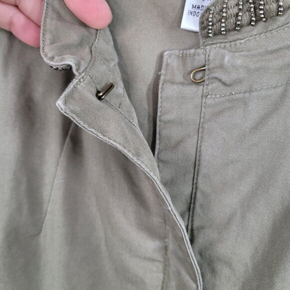 Talbots Feild Jacket Size 14W Beaded Trim Casual Canvas Green Beige Pockets - Picture 5 of 8